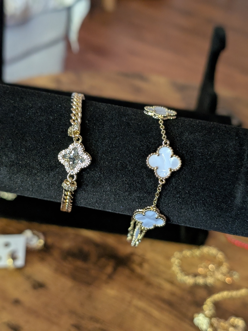 Gold Clover Bracelet Set with White Mother-of-Pearl And Clear Stone Accents